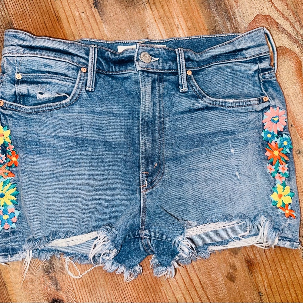 Mother Embroidered Denim Shorts
